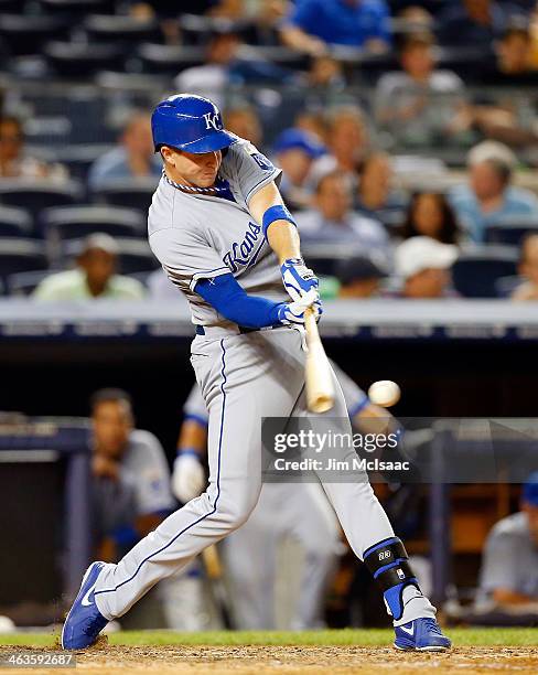Elliot Johnson of the Kansas City Royals in action against the New York Yankees at Yankee Stadium on July 9, 2013 in the Bronx borough of New York...