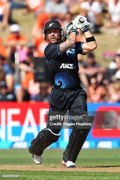 Brendon McCullum of New Zealand bats during the first One Day International match between New Zealand and India at McLean Park on January 19, 2014 in...