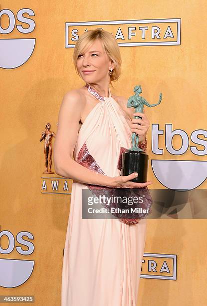 Actress Cate Blanchett, winner of the Outstanding Performance by a Female Actor in a Leading Role award for 'Blue Jasmine,' poses in the press room...
