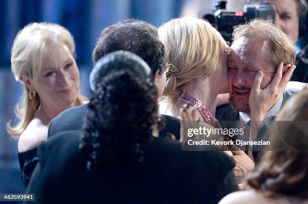 Actresses Meryl Streep and Cate Blanchett, with husband Andrew Upton, onstage during the 20th Annual Screen Actors Guild Awards at The Shrine...