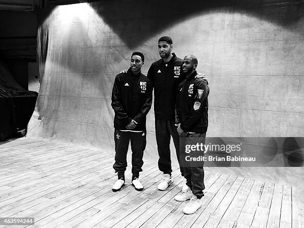 Wake Forest University alumni Jeff Teague, Tim Duncan and Chris Paul pose for a portrait during the 2015 NBA All-Star Game as part of the 2015...