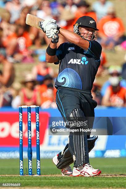 Corey Anderson of New Zealand bats during the first One Day International match between New Zealand and India at McLean Park on January 19, 2014 in...