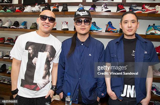 Prohgress, J-Splif and Kev Nish of Far East Movement attend a meet and greet at Canvas LA on January 18, 2014 in Los Angeles, California.