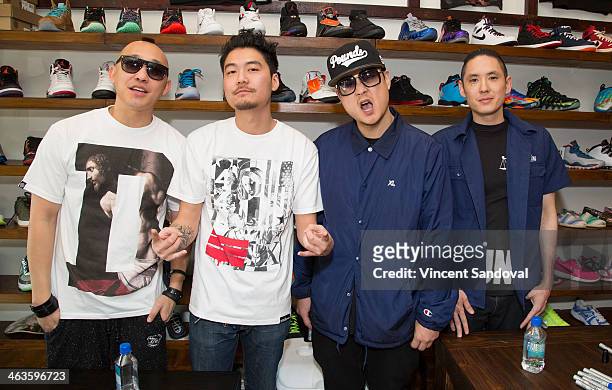 Prohgress, J-Splif and Kev Nish of Far East Movement and rapper Dumbfoundead attend a meet and greet at Canvas LA on January 18, 2014 in Los Angeles,...