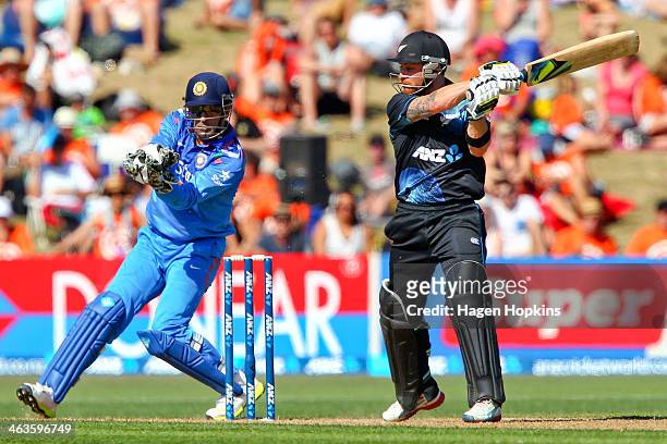Brendon McCullum of New Zealand is caught behind by MS Dhoni of India during the first One Day International match between New Zealand and India at...