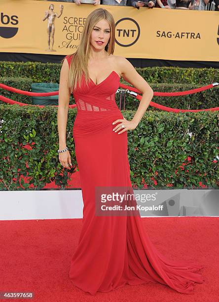 Actress Sofia Vergara arrives at the 21st Annual Screen Actors Guild Awards at The Shrine Auditorium on January 25, 2015 in Los Angeles, California.