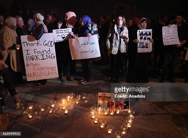 Group of demonstrators gather in front of American Embassy in Amman to protest against the Chapel Hill shooting, in Amman, Jordan on February 16,...