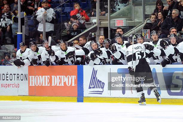 Danick Martel of the Blainville-Boisbriand Armada celebrates his first period goal with teammates during the QMJHL game against the the Baie Comeau...