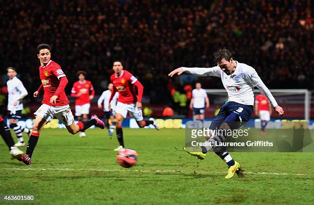 Scott Laird of Preston North End scores the opening goal during the FA Cup Fifth round match between Preston North End and Manchester United at...