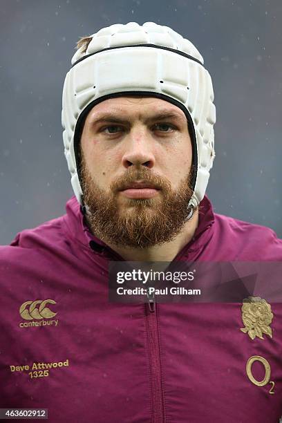 Dave Attwood of England lines up for the national anthem prior to kickoff during the RBS Six Nations match between England and Italy at Twickenham...