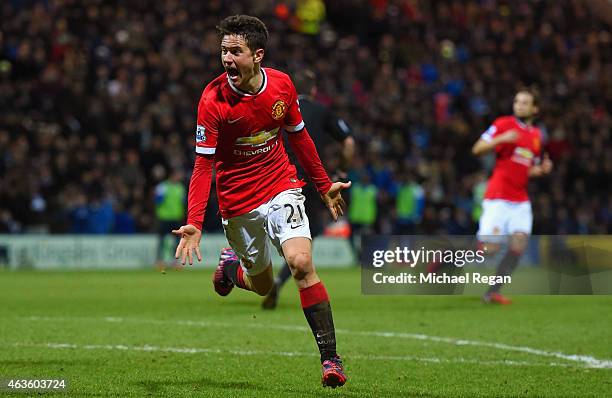 Ander Herrera of Manchester United celebrates scoring their first goal during the FA Cup Fifth round match between Preston North End and Manchester...