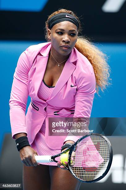 Serena Williams of the United States warms up ahead of her fourth round match against Ana Ivanovic of Serbia during day seven of the 2014 Australian...