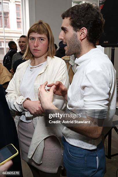 Eckhaus Latta fashion designers Zoe Latta and Mike Eckhart attend Eckhaus Latta -Front Row during MADE Fashion Week Fall 2015 on February 16, 2015 in...