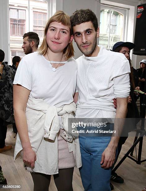 Eckhaus Latta fashion designers Zoe Latta and Mike Eckhart attend Eckhaus Latta -Front Row during MADE Fashion Week Fall 2015 on February 16, 2015 in...