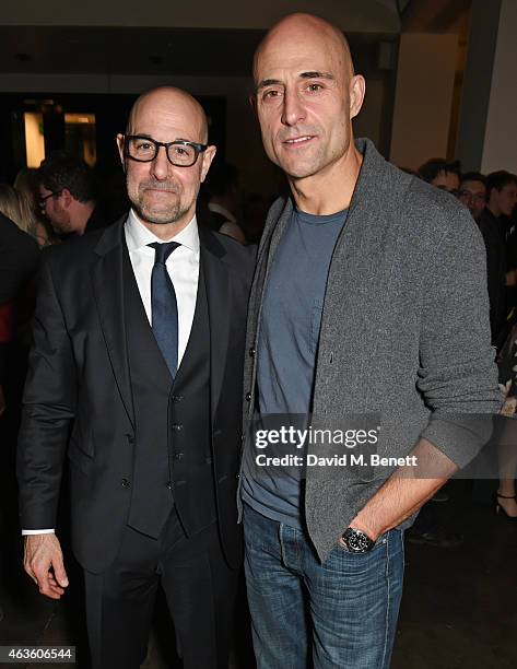 Stanley Tucci and Mark Strong attend the after party following the press night performance of "A View From The Bridge" at The National Cafe on...