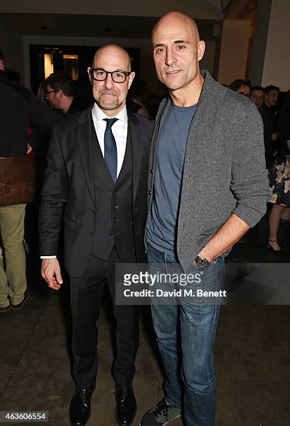 Stanley Tucci and Mark Strong attend the after party following the press night performance of "A View From The Bridge" at The National Cafe on...