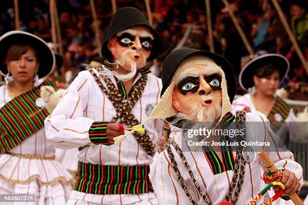 Performers disguised as Llamerada pose for a picture at 6 de Agosto Avenue during the traditional Entrada del Carnaval de Oruro on February 14, 2015...