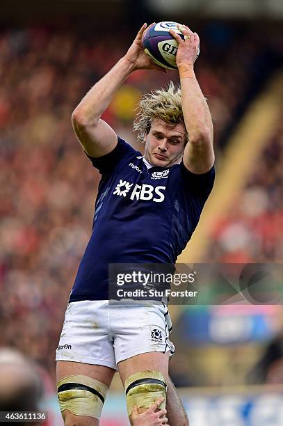 Richie Gray of Scotland wins lineout ball during the RBS Six Nations match between Scotland and Wales at Murrayfield Stadium on February 15, 2015 in...