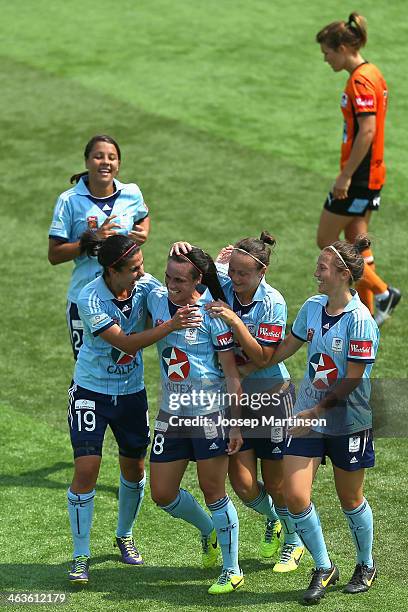 Emma Kete of Sydney FC is congratulated by teammates after scoring a goal during the round nine W-League match between Sydney FC and the Brisbane...