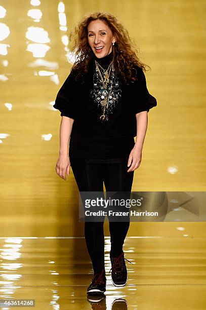 Designer Reem Acra walks the runway at the Reem Acra fashion show during Mercedes-Benz Fashion Week Fall 2015 at The Salon at Lincoln Center on...