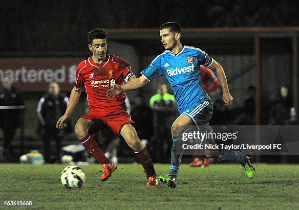 Cameron Brannagan of Liverpool and Liam Agnew of Sunderland in action during the Barclays U21 Premier League match between Liverpool and Sunderland...