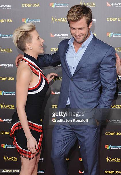 Actress Scarlett Johansson and actor Chris Hemsworth arrive at the 2015 G'Day USA Gala Featuring The AACTA International Awards Presented By Quantas...