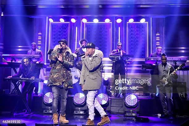 Episode 0211 -- Pictured: Musical guests Chris Brown and Tyga perform with The Roots on February 16, 2015 --