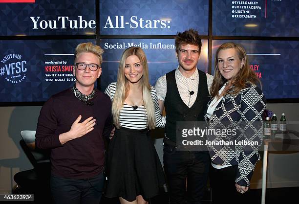 YouTube personalities Tyler Oakley, iJustine and Joey Graceffa and Vanity Fair Executive West Coast Editor Krista Smith attend Vanity Fair Campaign...