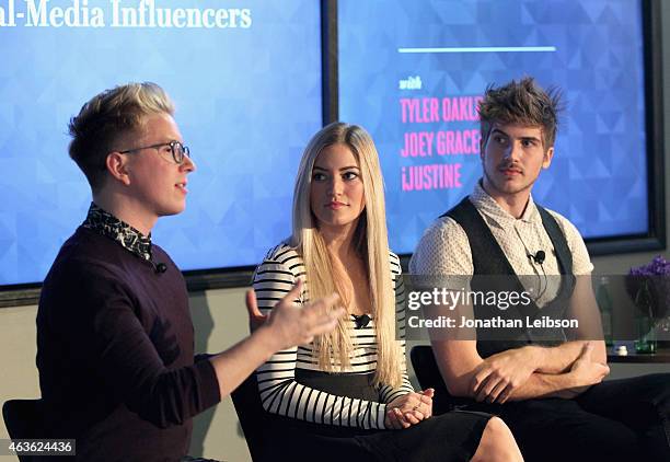 YouTube personalities Tyler Oakley, iJustine and Joey Graceffa speak onstage during Vanity Fair Campaign Hollywood Social Club - "YouTube All Stars:"...