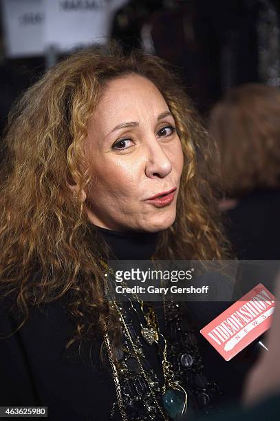 Designer Reem Acra seen backstage prior to the Reem Acra fashion show during Mercedes-Benz Fashion Week Fall 2015 at The Salon at Lincoln Center on...
