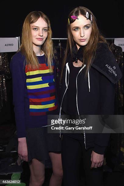 Models seen backstage aprior to the Reem Acra fashion show during Mercedes-Benz Fashion Week Fall 2015 at The Salon at Lincoln Center on February 16,...