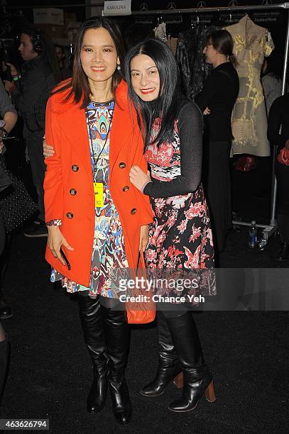 Joy Slosar poses with Vivienne Tam backstage at the Vivienne Tam Fashion Show during Mercedes-Benz Fashion Week Fall 2015 at The Theatre at Lincoln...