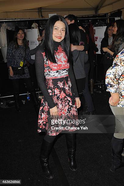 Designer Vivienne Tam poses backstage at the Vivienne Tam Fashion Show during Mercedes-Benz Fashion Week Fall 2015 at The Theatre at Lincoln Center...