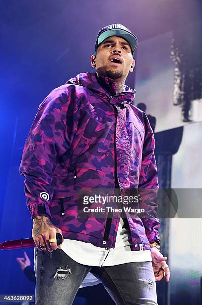 Chris Brown performs onstage during the "Between The Sheets" tour at Barclays Center of Brooklyn on February 16, 2015 in New York City.