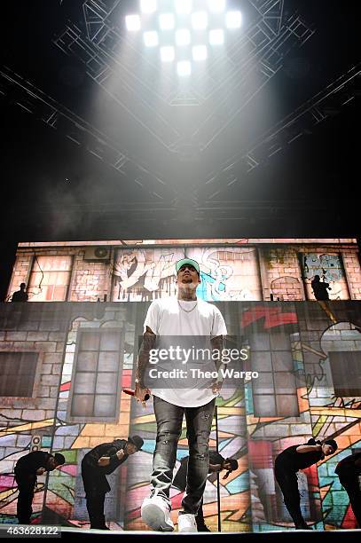 Chris Brown performs onstage during the "Between The Sheets" tour at Barclays Center of Brooklyn on February 16, 2015 in New York City.