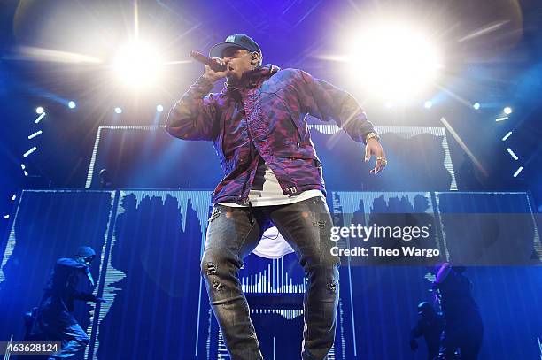 Chris Brown performs onstage during the "Between The Sheets" tour at Barclays Center of Brooklyn on February 16, 2015 in New York City.