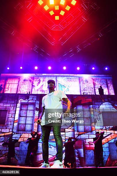 Chris Brown performs onstage during the "Between The Sheets" tour at Barclays Center of Brooklyn on February 16, 2015 in New York City.