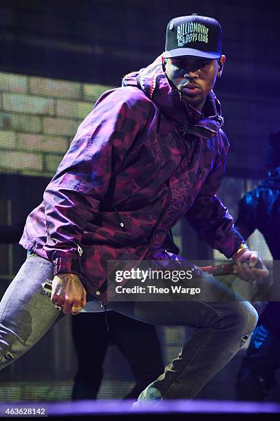 Chris Brown performs onstage during the "Between The Sheets" tour at Barclays Center of Brooklyn on February 16, 2015 in New York City.