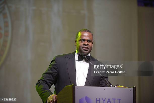 Atlanta mayor Kasim Reed onstage at the 2014 Salute To Greatness Awards Dinner at the Hyatt Regency on January 18, 2014 in Atlanta, Georgia.