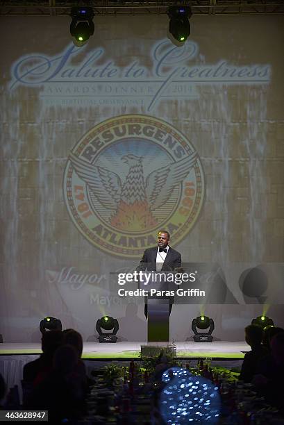 Atlanta mayor Kasim Reed onstage at the 2014 Salute To Greatness Awards Dinner at the Hyatt Regency on January 18, 2014 in Atlanta, Georgia.