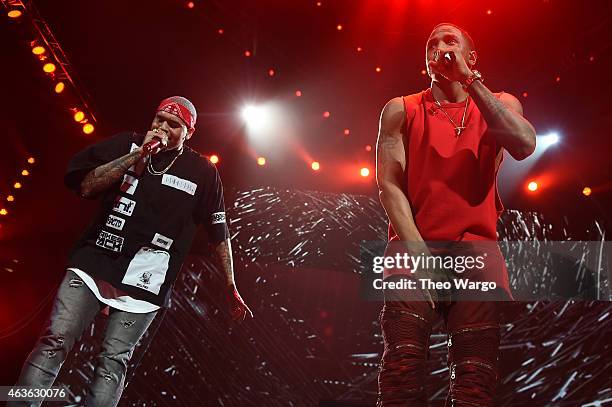 Chris Brown and Trey Songz perform onstage during the "Between The Sheets" tour at Barclays Center of Brooklyn on February 16, 2015 in New York City.