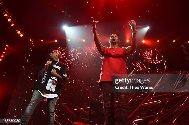 Chris Brown and Trey Songz perform onstage during the "Between The Sheets" tour at Barclays Center of Brooklyn on February 16, 2015 in New York City.