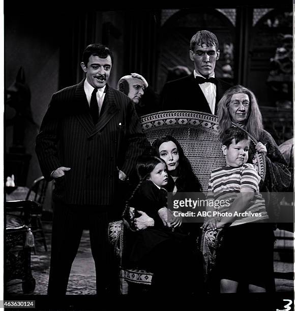 Pilot and Misc Gallery - Shoot Date: May 19, 1964. L-R: JOHN ASTIN;JACKIE COOGAN;LISA LORING;CAROLYN JONES;TED CASSIDY;KEN WEATHERWAX;BLOSSOM ROCK