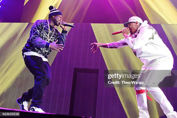 Cent and Chris Brown perform onstage during the "Between The Sheets" tour at Barclays Center of Brooklyn on February 16, 2015 in New York City.