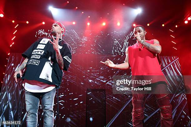 Chris Brown and Trey Songz perform at Barclays Center on February 16, 2015 in New York City.