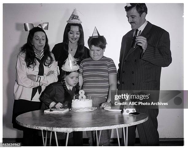 Happy Birthday Grandma Frump" - Airdate: February 11, 1966. L-R: MARGARET HAMILTON;LISA LORING;CAROLYN JONES;KEN WEATHERWAX;JOHN ASTIN