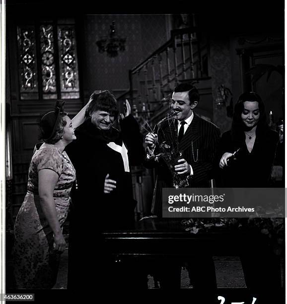 Uncle Fester's Toupee" - Airdate: April 30, 1965. L-R: ELISABETH FRASER;JACKIE COOGAN;JOHN ASTIN;CAROLYN JONES