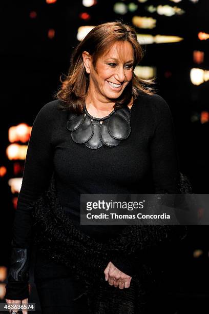 Donna Karan greets the audience after presenting her Donna Karan New York Fall 2015 Collection during Mercedes-Benz Fashion Week at Cedar Lake on...