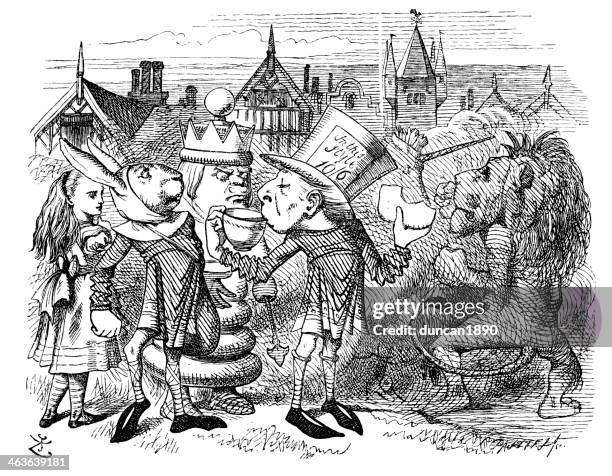 alice through the looking glass - mad hatter illustration stock illustrations
