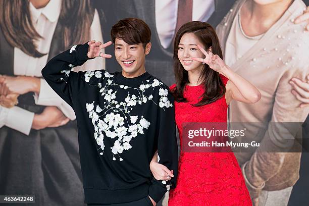 South Korean actors Lee Sang-Yeob and Chae Su-Bin attend the press conference for KBS drama "The House of Blue Bird" on February 16, 2015 in Seoul,...